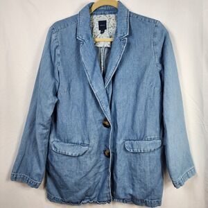 J‎ Jill Denim Womens Linen Blend Blazer Jacket Small Blue Chambray Lightweight